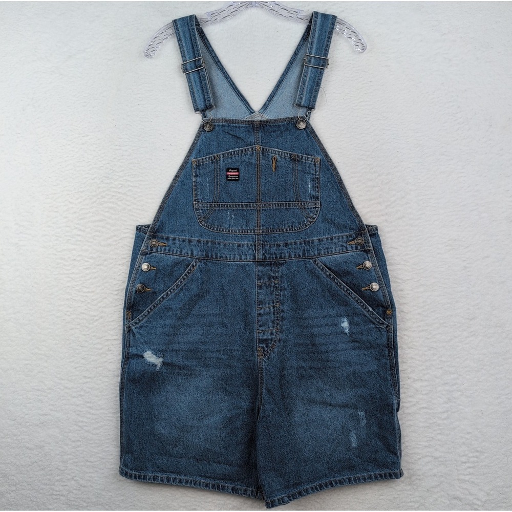 Unionbay Jean Overall Shorts Women's Large Y2K Blue Distressed Denim VTG Skater
